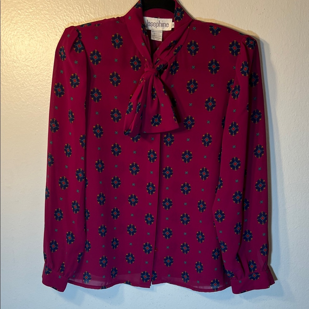 Josephine Women's Fuschia Navy Patterned Blouse Neck Tie Medium 6